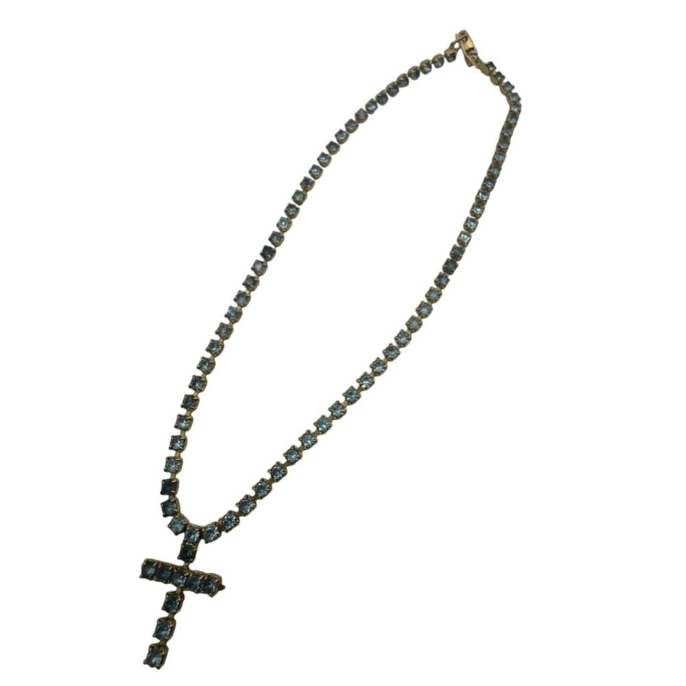 Cross Necklace With Blue Rhinestones 12 Inches Gold-Tone Pre-Owned